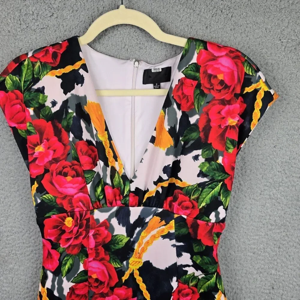 Floral Dress Women 2 Red Bodycon Deep V Sexy Colorful  Siren Cap Sleeves Stretch